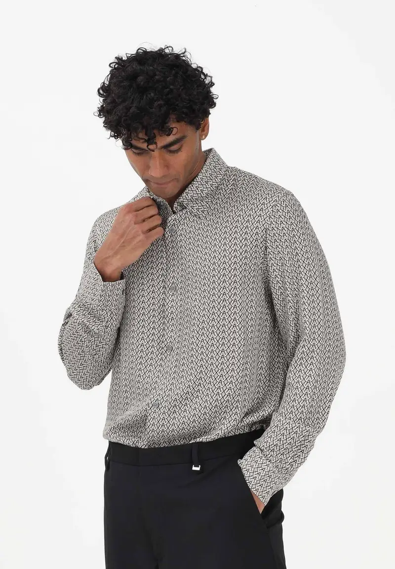 Camicia a manica lunga panna da uomo con logo all-over miniatura 2