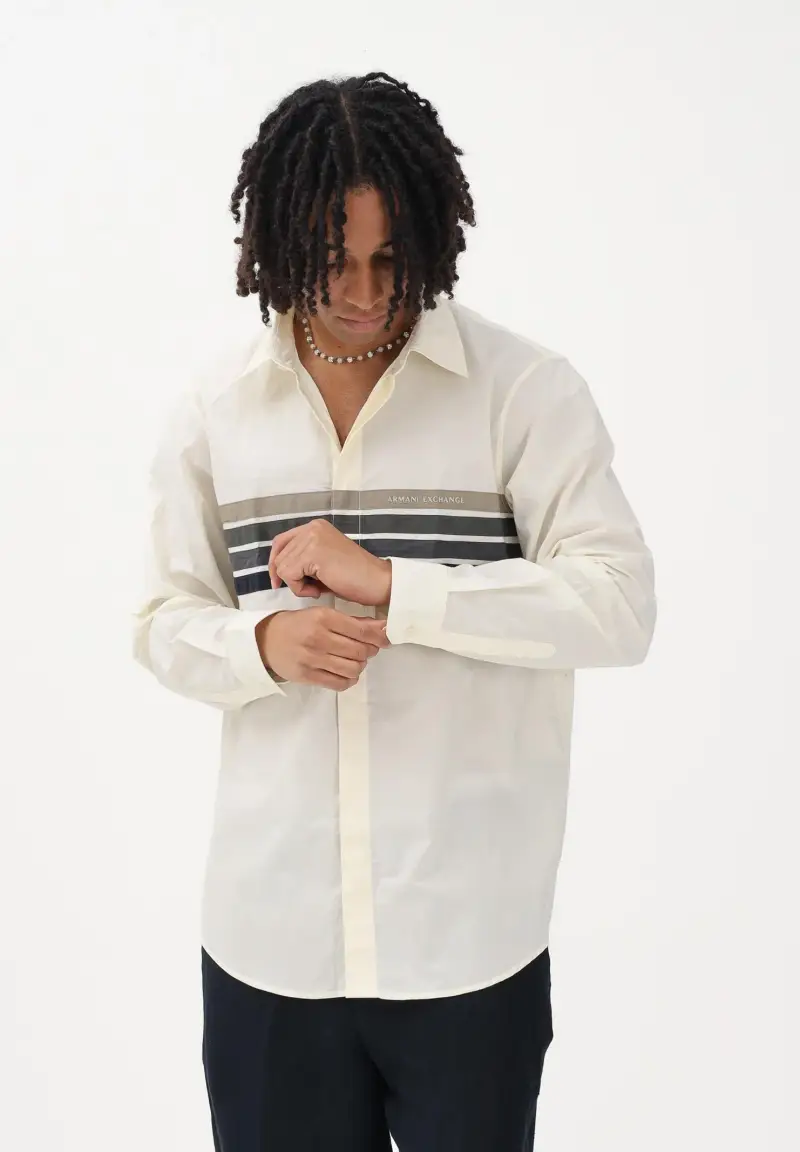 Camicia a manica lunga panna da uomo con stampa sul petto miniatura 2