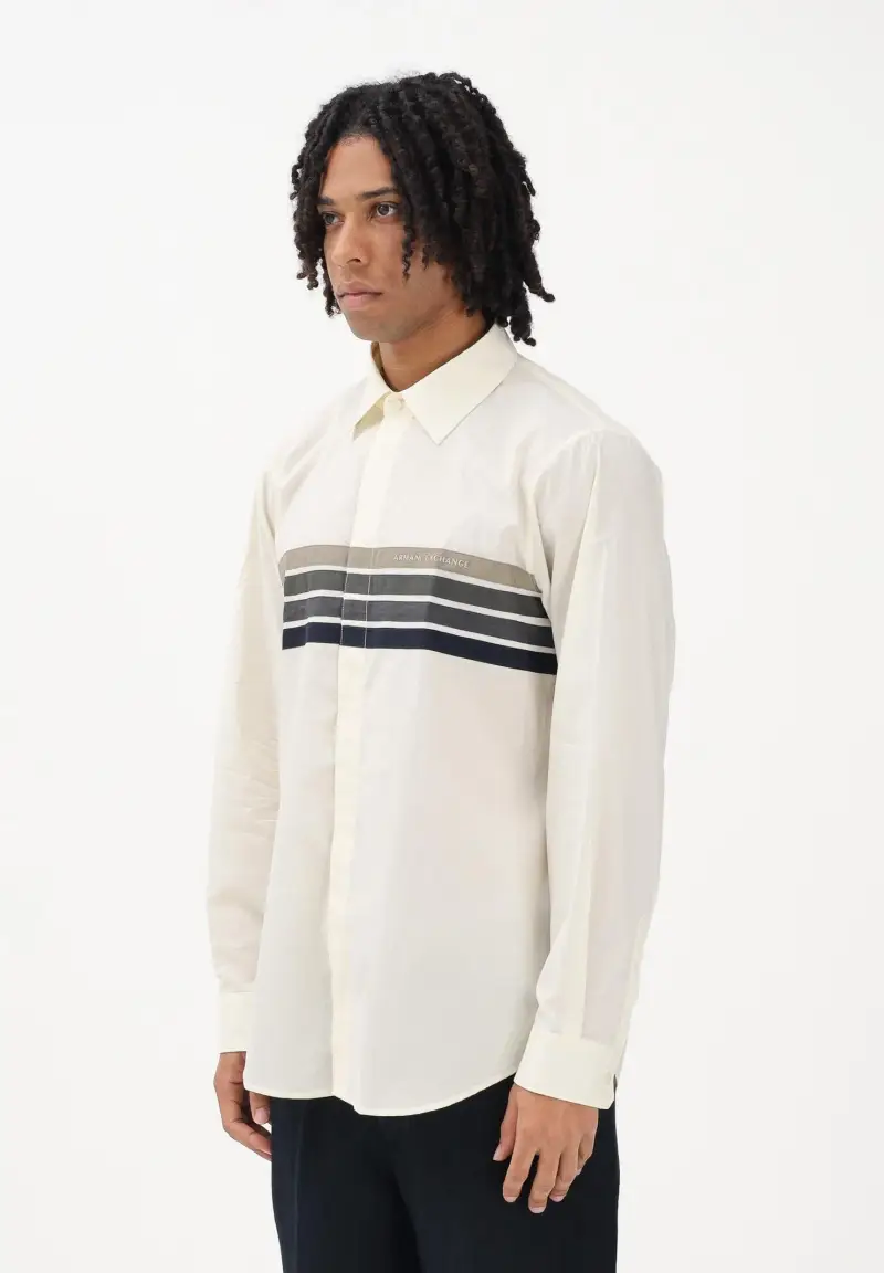 Camicia a manica lunga panna da uomo con stampa sul petto