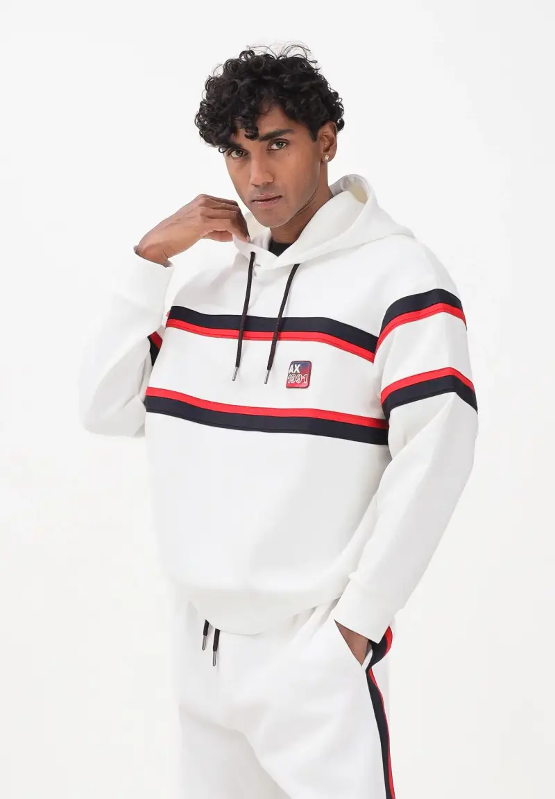Felpa con cappuccio bianca da uomo caratterizzata da righe a contrasto miniatura 2