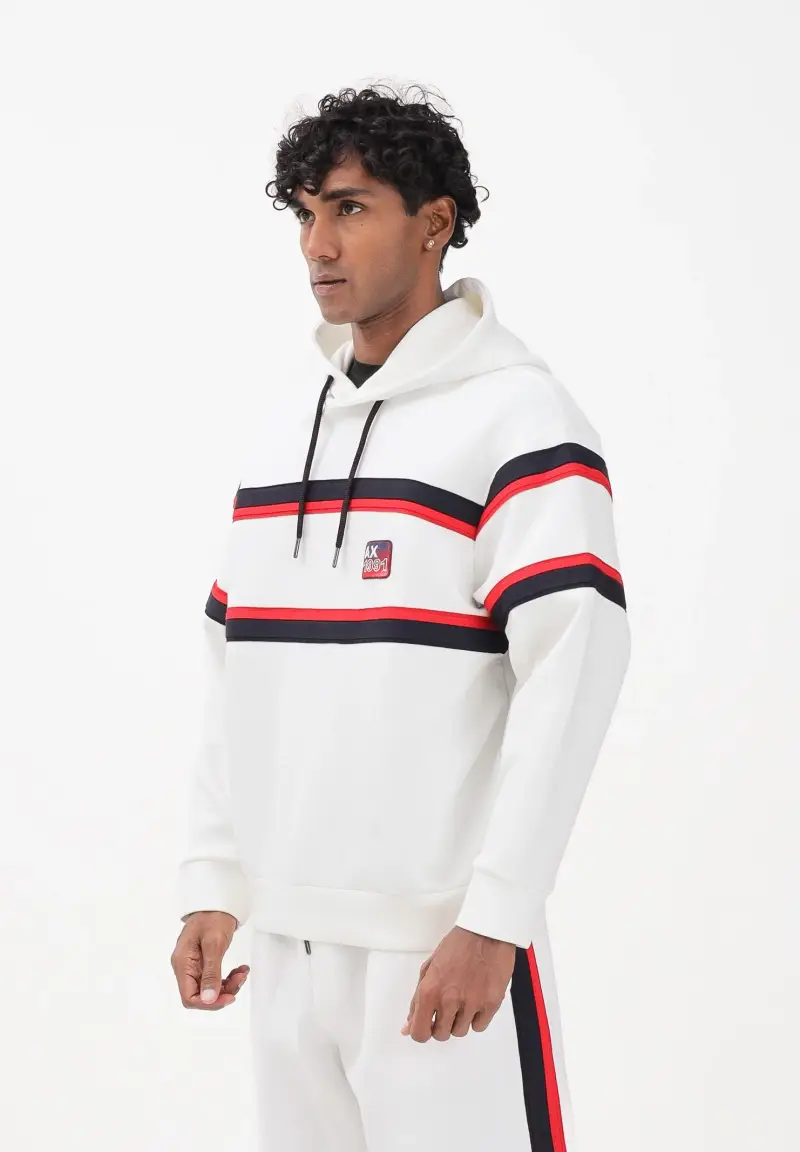 Felpa con cappuccio bianca da uomo caratterizzata da righe a contrasto