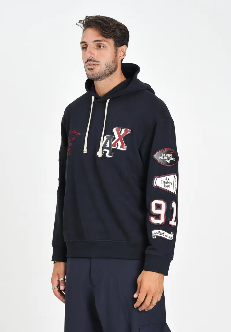 ARMANI EXCHANGE Felpa con cappuccio blu da uomo arricchita da patch