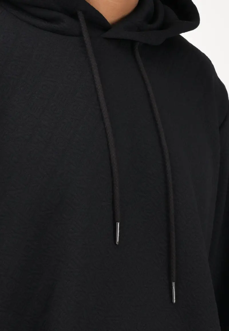 Felpa con cappuccio nera da uomo con texture jacquard miniatura 3