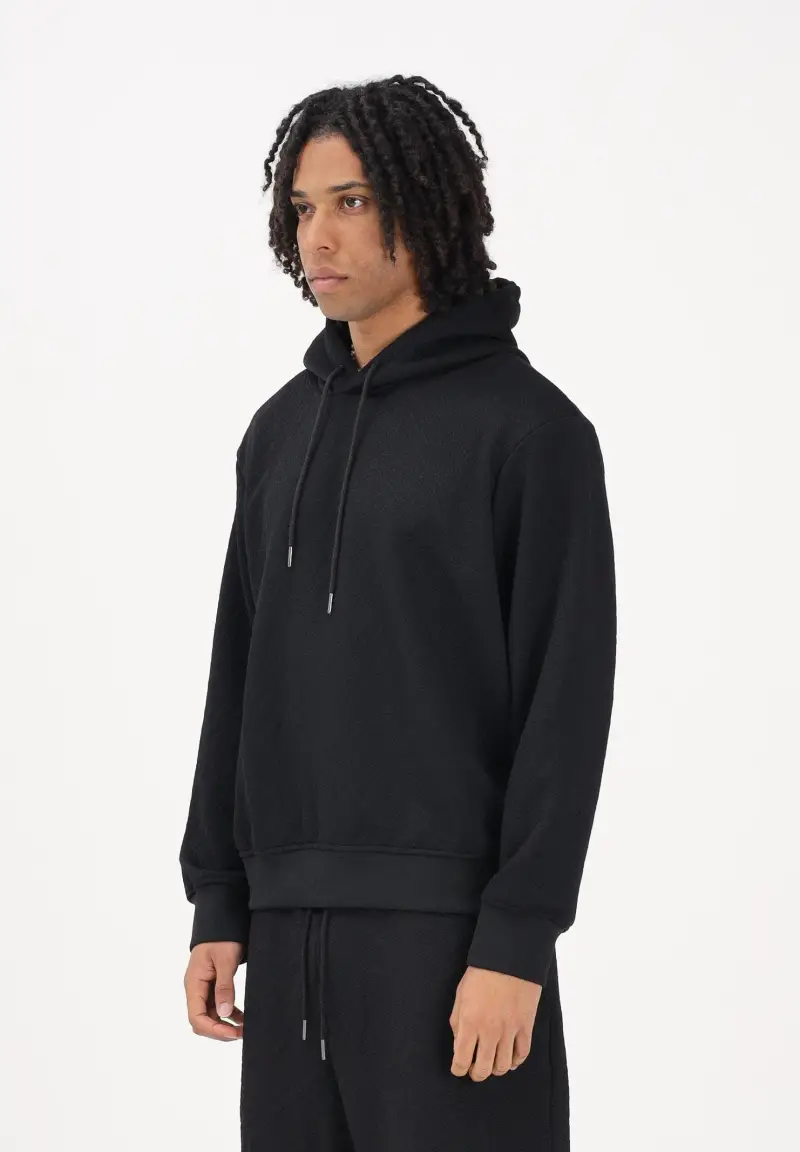 Felpa con cappuccio nera da uomo con texture jacquard