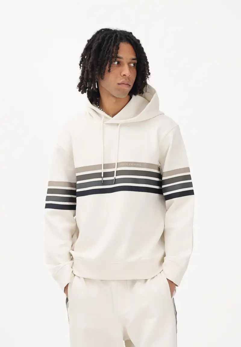 Felpa con cappuccio panna da uomo rifinita da stampa miniatura 2