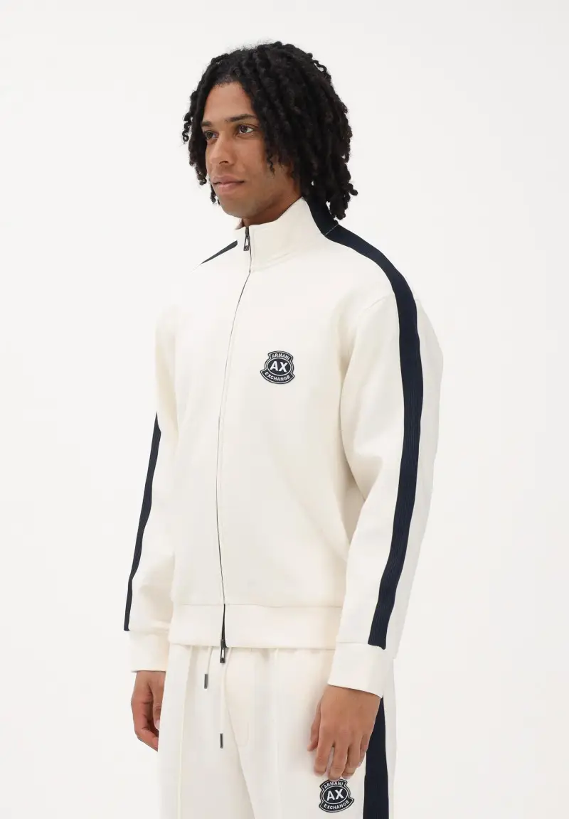 Felpa con zip panna da uomo rifinita da logo e bande a contrasto