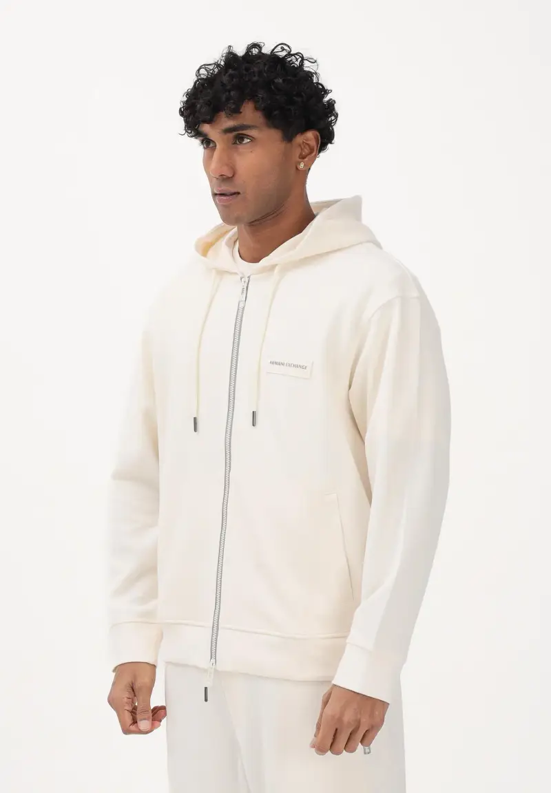 Felpa con zip panna da uomo rifinita da logo