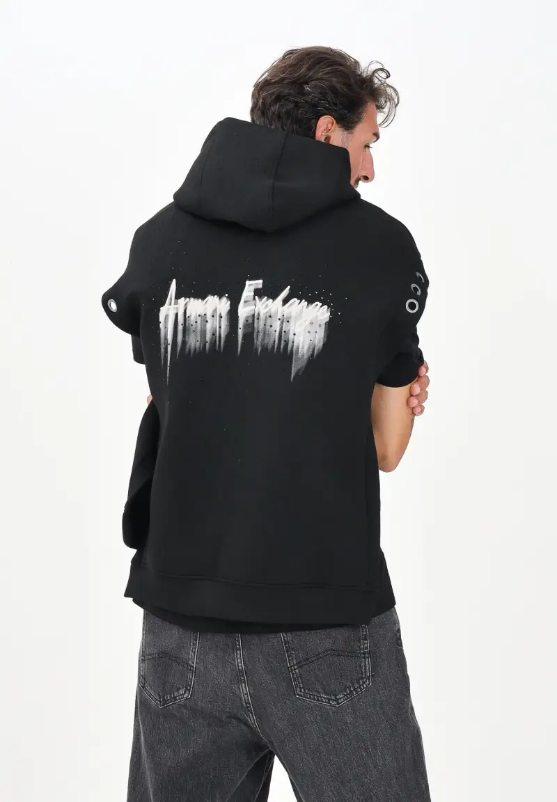 Felpa smanicata nera da uomo con logo sul retro miniatura 2