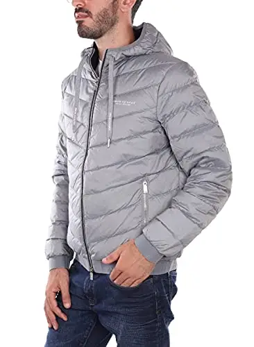 Armani Exchange Hooded Quilted Down Milano/New York Logo Zip-up Jacket Giacca, Melange Grey/Navy, L Uomo miniatura 2