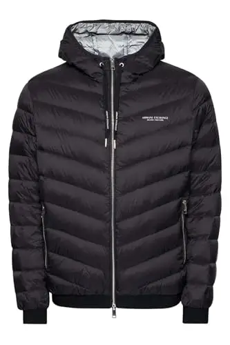 Armani Exchange Hooded Quilted Down Milano/New York Logo Zip-up Jacket Giacca, Nero/Melange Grigio B, XL Uomo