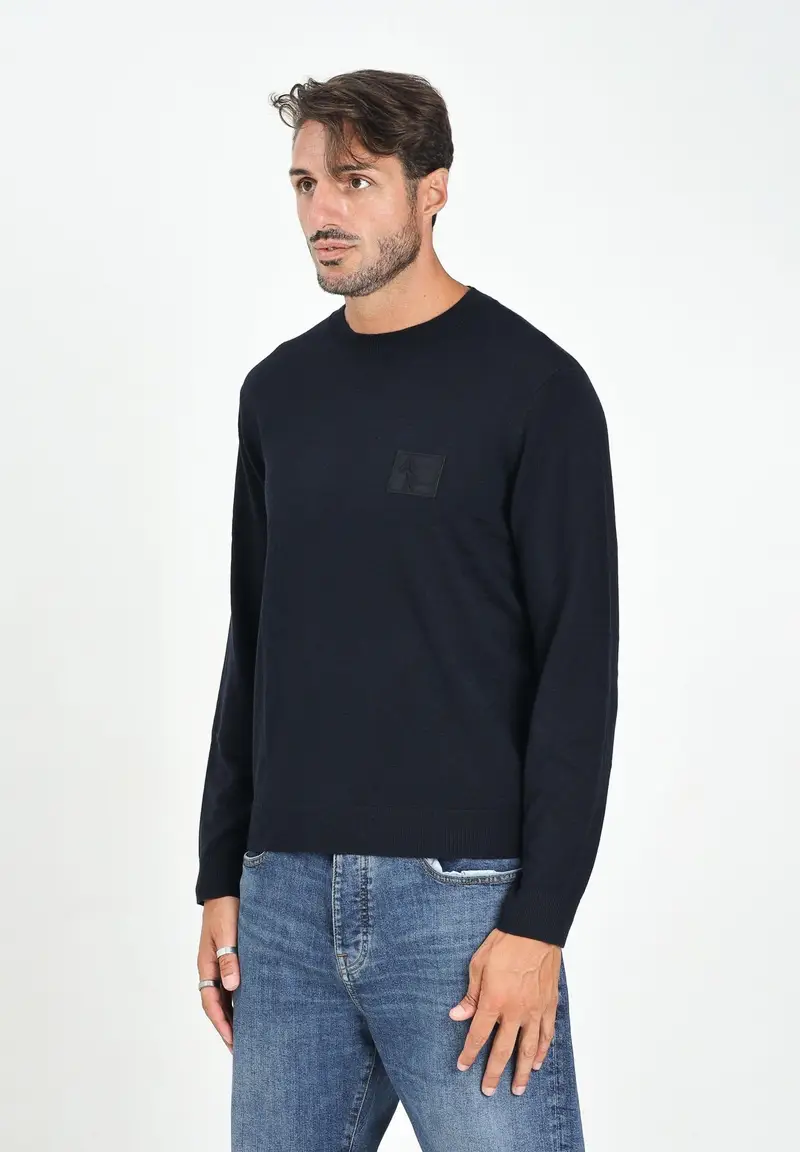 ARMANI EXCHANGE Maglioncino girocollo blu da uomo con patch logo