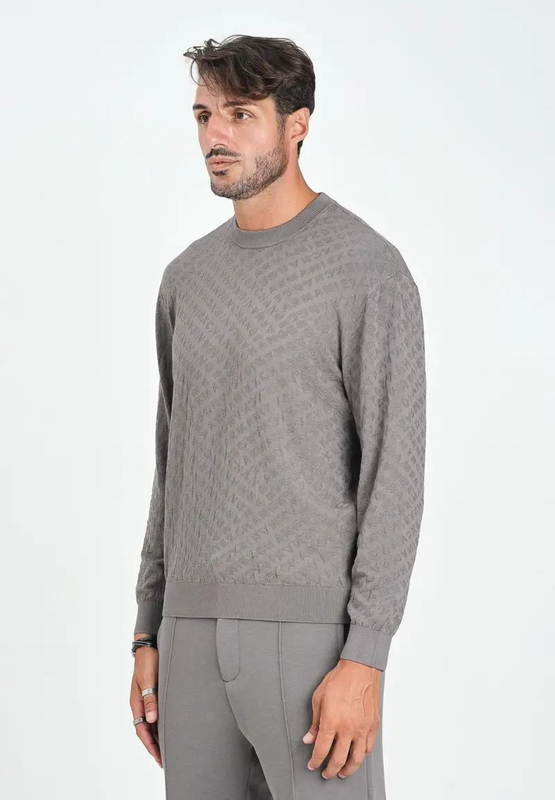 ARMANI EXCHANGE Maglioncino girocollo grigio da uomo con logo A|X ripetuto in rilievo
