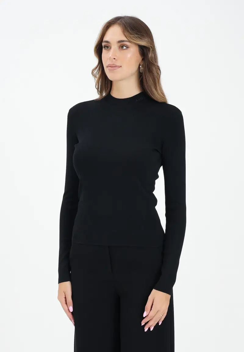 Maglioncino girocollo nero da donna con ricamo logo