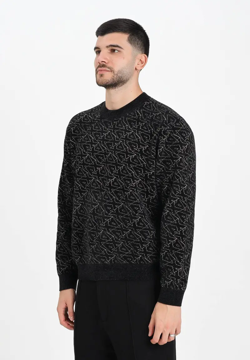 Maglioncino girocollo nero da uomo con logo all-over