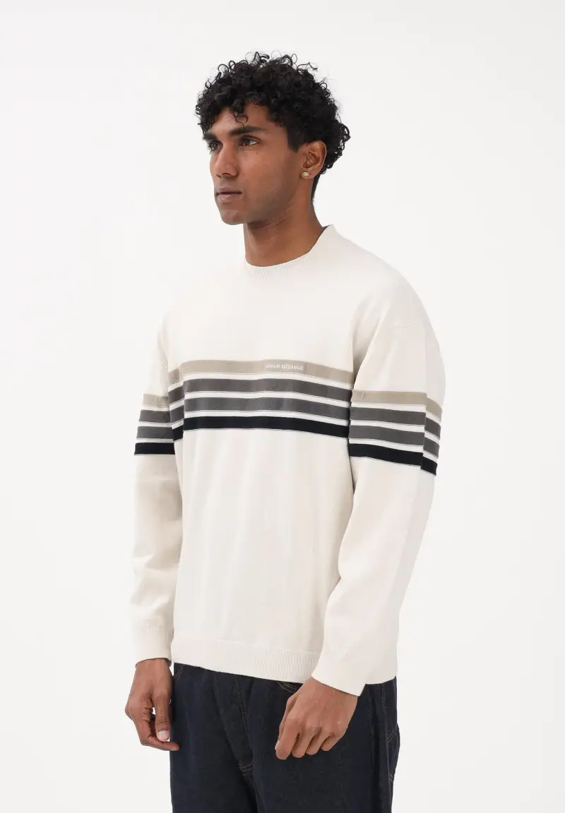 Maglioncino girocollo panna da uomo con bande a contrasto