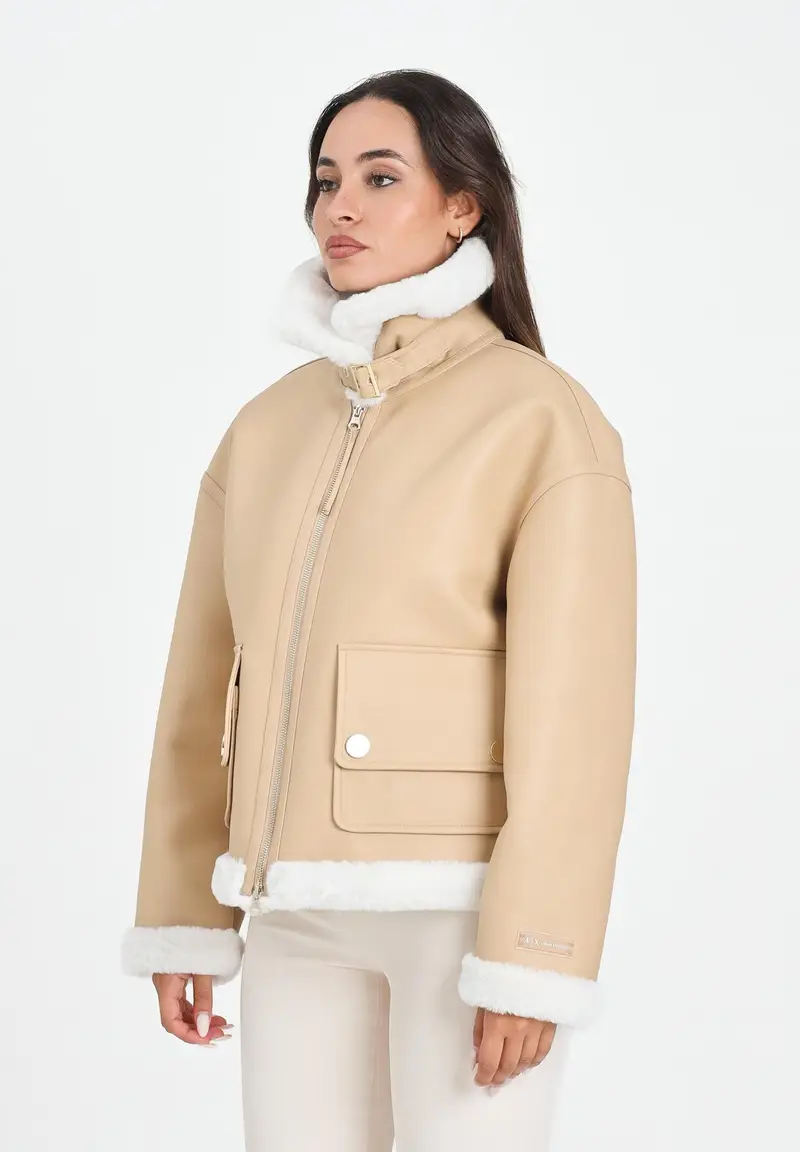 ARMANI EXCHANGE Montone beige da donna con interno e profili in eco-pelliccia