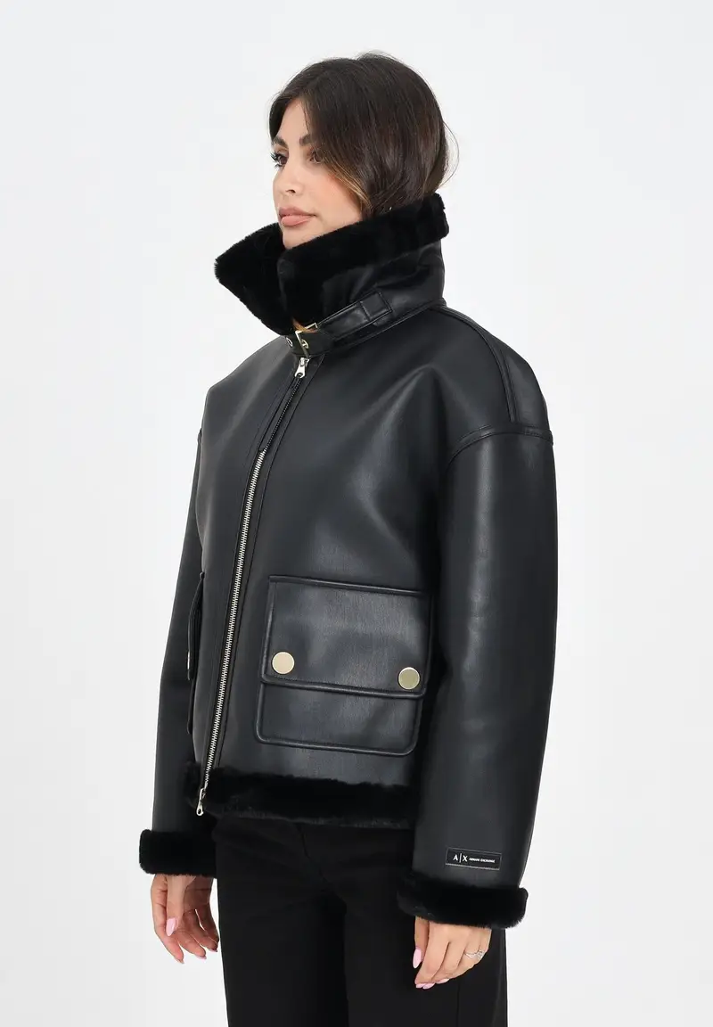 ARMANI EXCHANGE Montone nero da donna con interno e profili in eco-pelliccia