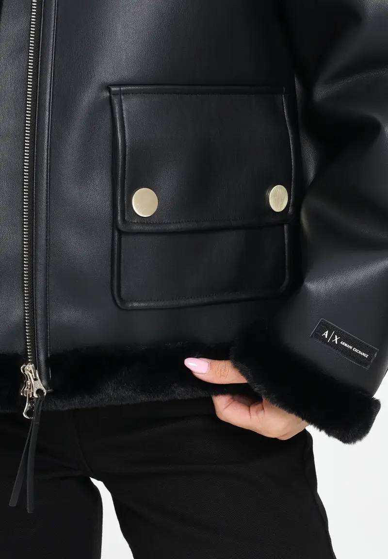 ARMANI EXCHANGE Montone nero da donna con interno e profili in eco-pelliccia miniatura 2