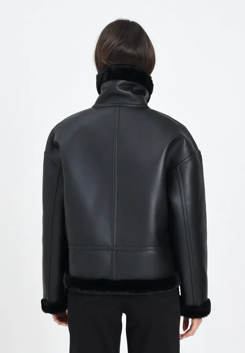 ARMANI EXCHANGE Montone nero da donna con interno e profili in eco-pelliccia miniatura 3