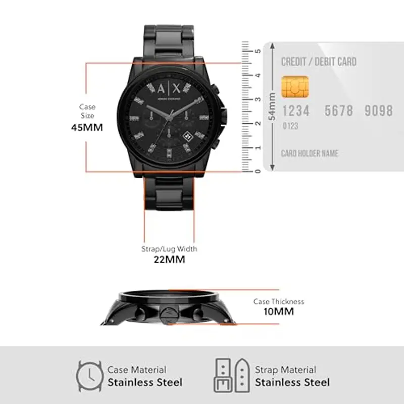 Armani Exchange Orologio cronografo al quarzo da uomo, cassa in acciaio inossidabile nero da 45 mm con bracciale in miniatura 3