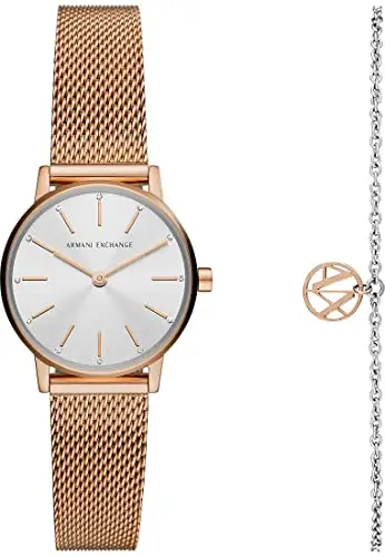 Armani Exchange Orologio da donna a due lancette, cassa in acciaio inossidabile oro rosa da 28 mm con bracciale in