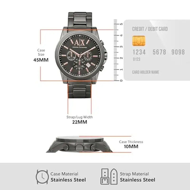 Armani Exchange Orologio da uomo, cronografo al quarzo, cassa in acciaio inossidabile 45 mm con bracciale in acciaio miniatura 3
