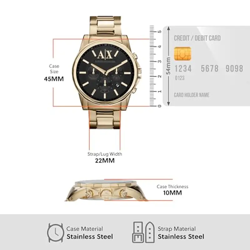 Armani Exchange Orologio da uomo, movimento cronografo al quarzo, cassa in acciaio inossidabile dorata da 45 mm con miniatura 3
