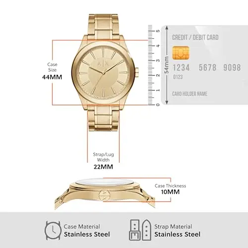 Armani Exchange Orologio per uomo, Movimento al quarzo a tre lancette e cassa da 44 mm con cinturino in acciaio, Oro miniatura 3