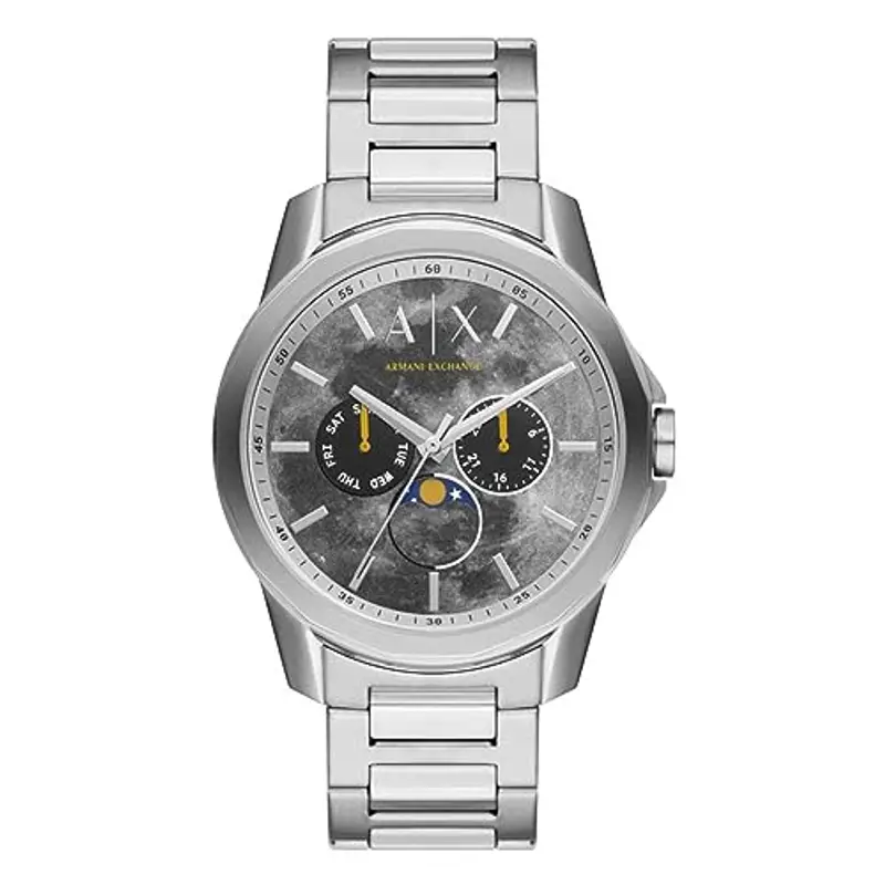 Armani Exchange Orologio per uomo, Movimento al quarzo multifunzione e cassa da 44 mm con cinturino in acciaio, Tono argento e grunge