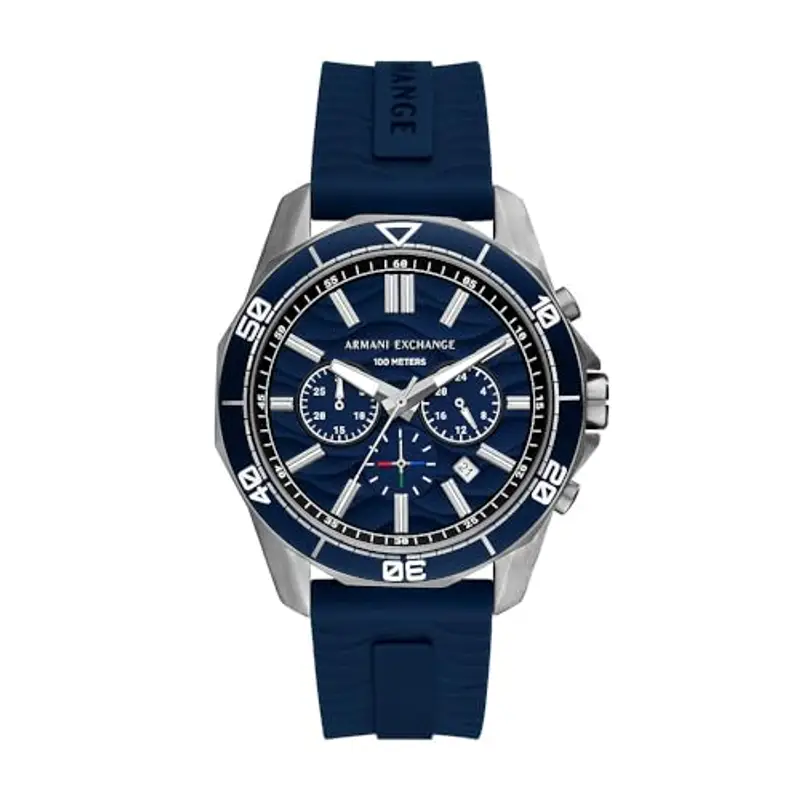 Armani Exchange Orologio per uomo, movimento cronografo al quarzo e cassa da 44 mm con cinturino in silicone, Blu e grigio