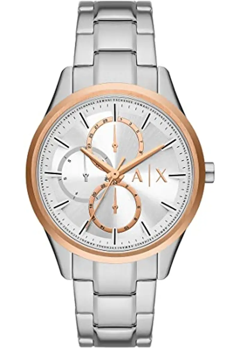Armani Exchange orologio per uomo, movimento cronografo e cassa orologio per 42 mm con cinturino in acciaio inossiorologio perbile, pelle o silicone, Argento e oro rosa