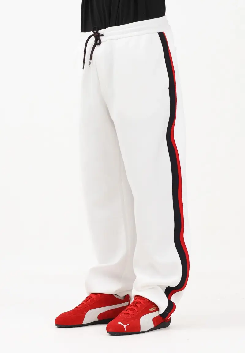 Pantalone sportivo bianco da uomo con bande laterali a contrasto rosse e blu