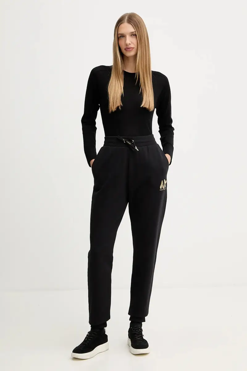 pantaloni tuta di cotone donna colore nero con applicazione XW000808 AF16192 miniatura 2