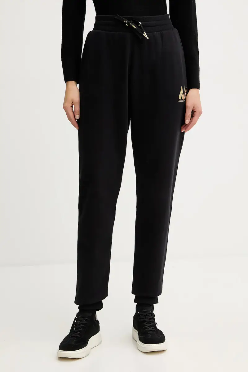 pantaloni tuta di cotone donna colore nero con applicazione XW000808 AF16192