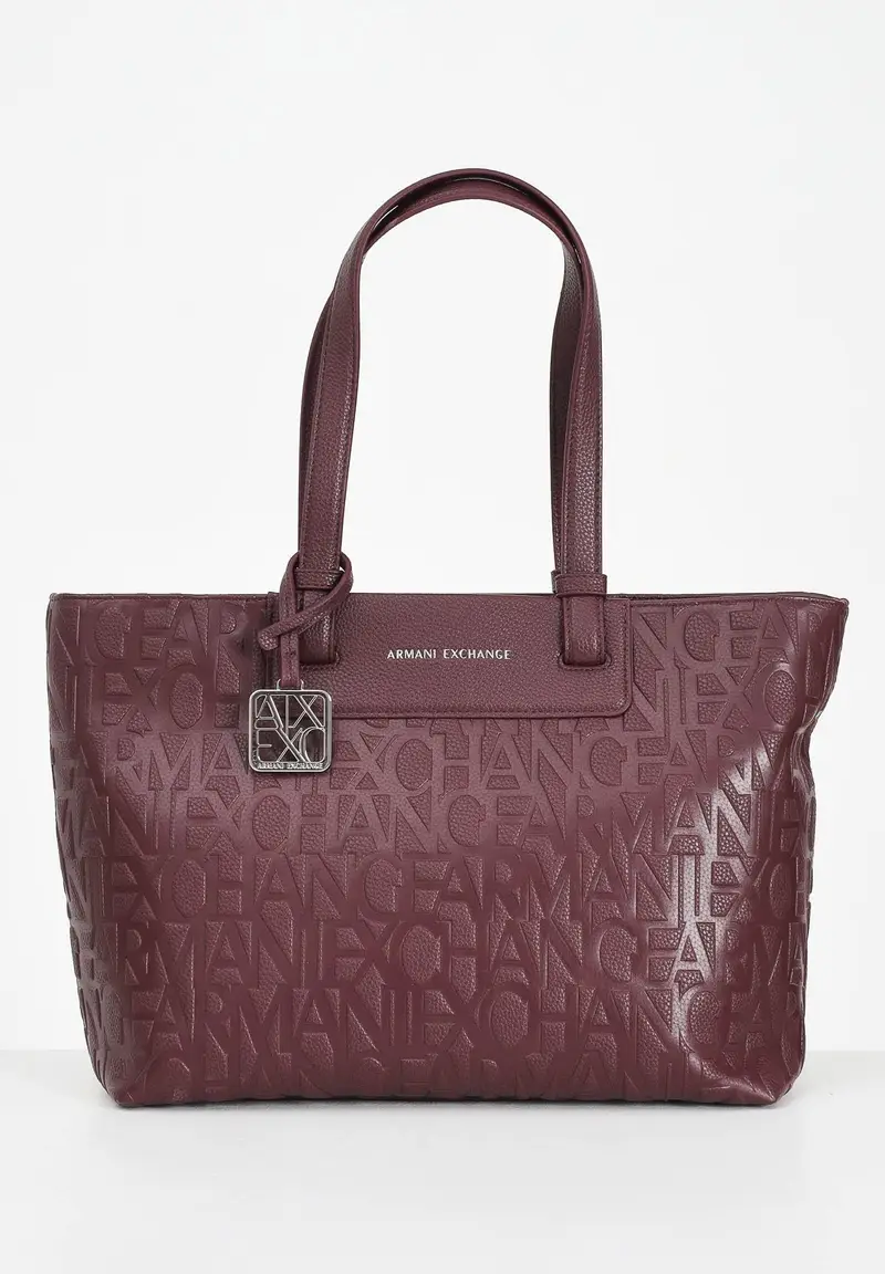 ARMANI EXCHANGE Shopper a spalla bordeaux da donna con logo all-over