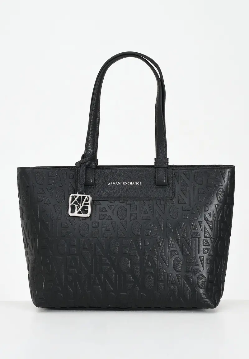 ARMANI EXCHANGE Shopper a spalla nera da donna con logo all-over
