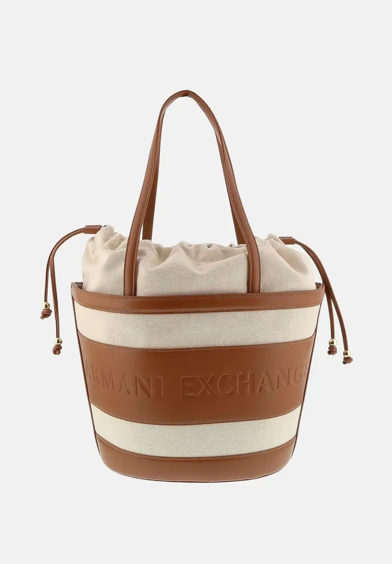 Shopper beige e cuoio da donna con logo miniatura 3
