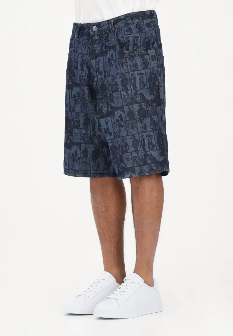 Shorts in denim blu da uomo con stampa grafica