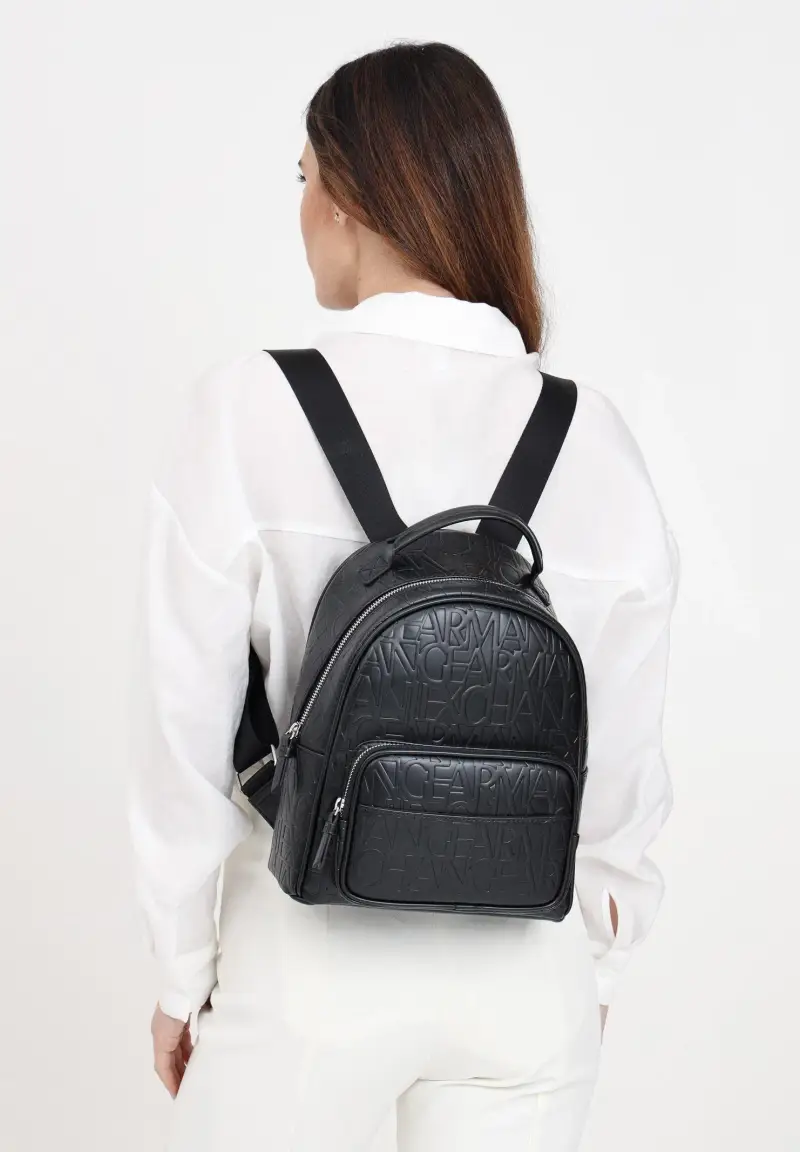 Zaino nero da donna con logo allover in rilievo miniatura 2