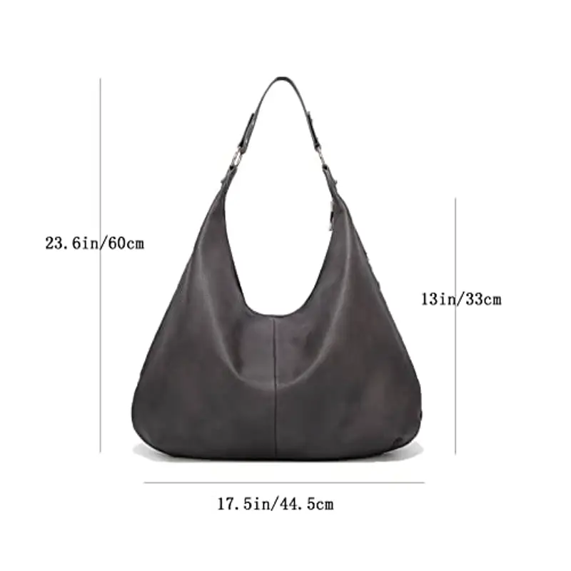 Ashioup, Borsa larga da donna vintage, in pelle ecologica in poliuretano, in stile hobo, con cerniera, grigio, Taglia unica miniatura 3