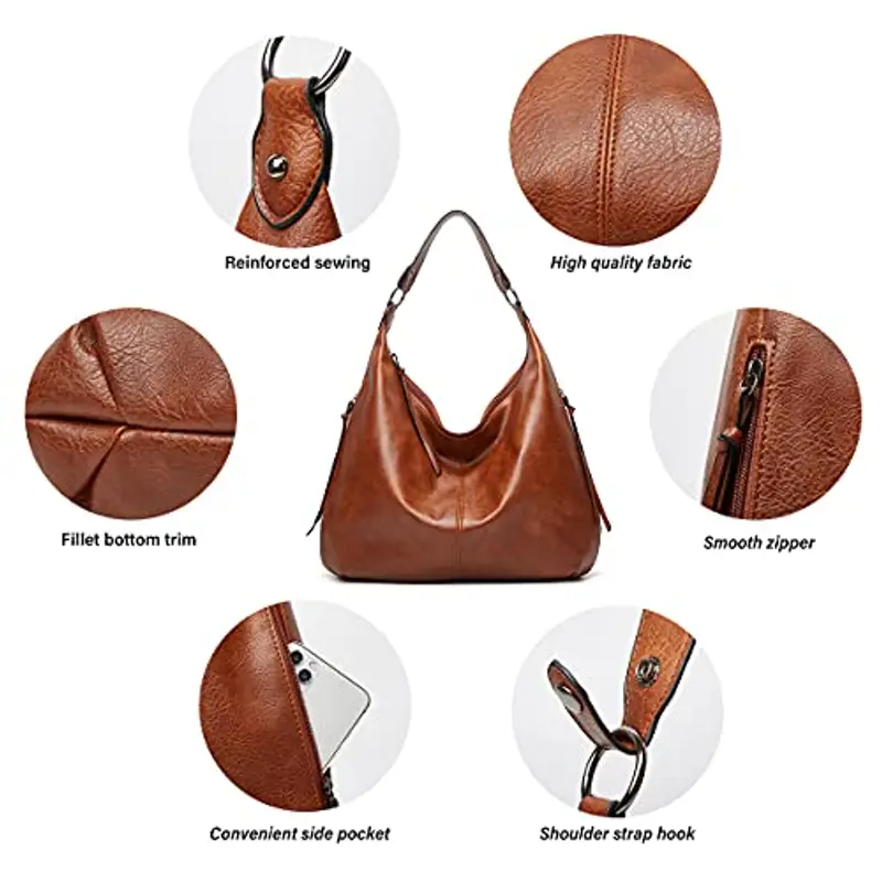 Ashioup, Borsa larga da donna vintage, in pelle ecologica in poliuretano, in stile hobo, con cerniera, Marrone, Taglia unica miniatura 2