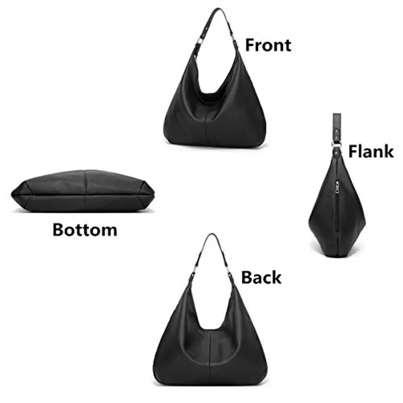 Ashioup, Borsa larga da donna vintage, in pelle ecologica in poliuretano, in stile hobo, con cerniera, Nero, Taglia unica miniatura 3