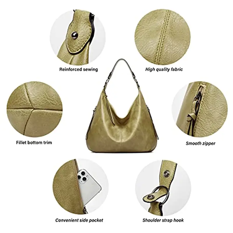 Ashioup, Borsa larga da donna vintage, in pelle ecologica in poliuretano, in stile hobo, con cerniera, Taglia unica miniatura 2