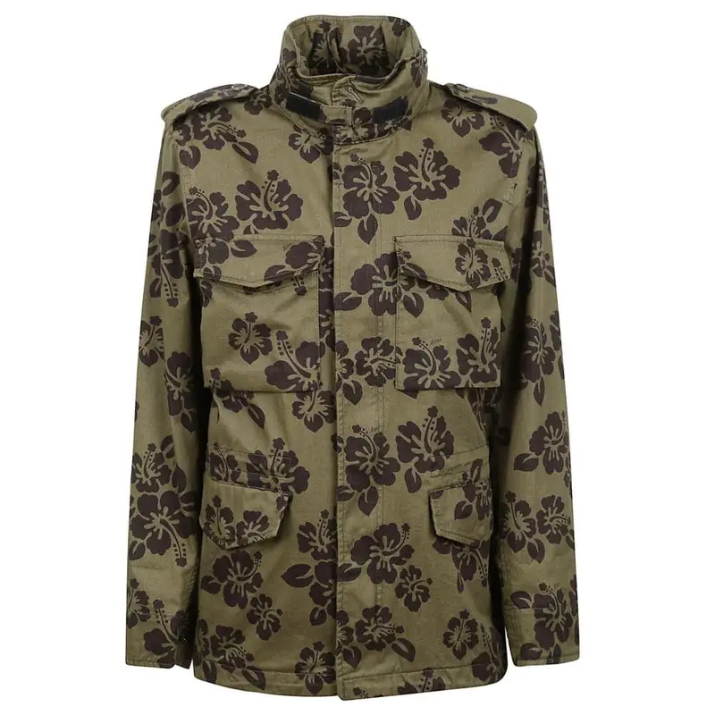 giubbotto donna con stampa hibiscus in cotone verde militare