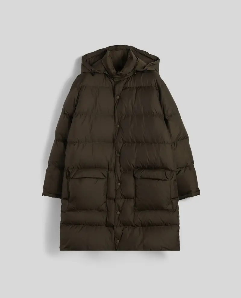 Piumino lungo in nylon riciclato verde militare