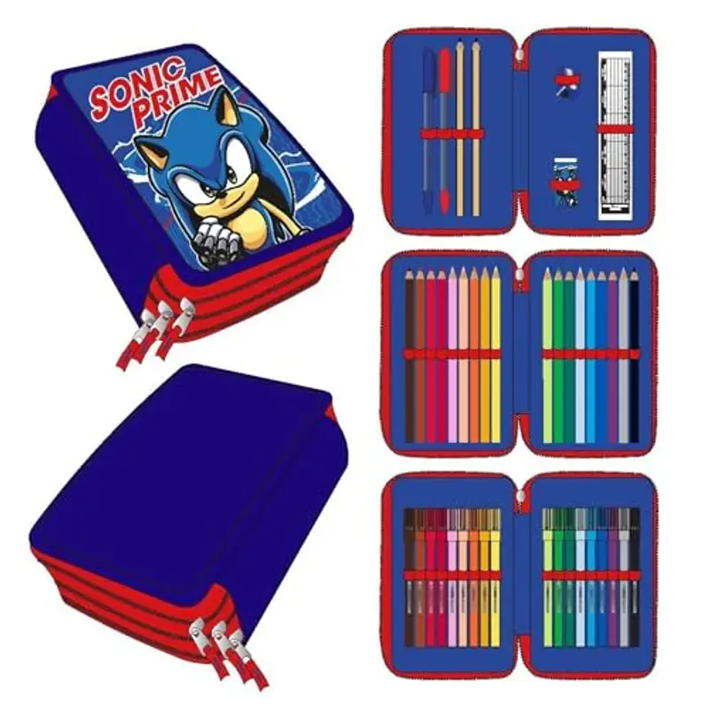Astuccio a 3 scomparti di Sonic - Colore blu - 12,5 x 6,5 x 19,5 cm - Realizzato in 100% poliestere - Chiusura con cerniera - Include accessori - Prodotto originale progettato in Spagna, blu, Astuccio