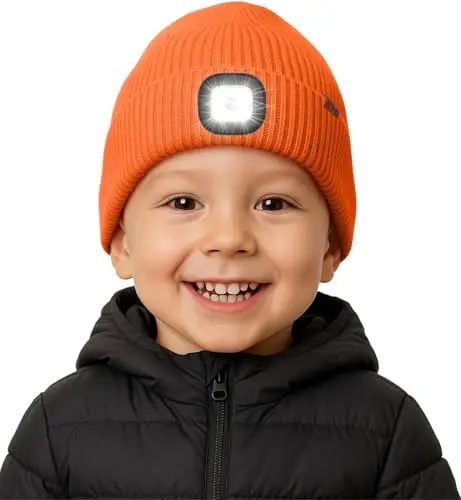 ATNKE Bambini LED Cappello con Luce Pile Foderato, USB Ricaricabile 4 LED Corsa Torcia Mani Libere Testa Lampada