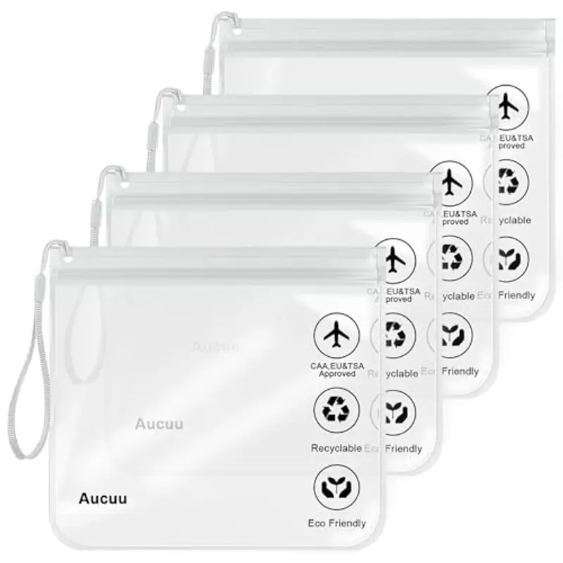Aucuu Buste da Viaggio per Liquidi, 4 Pezzi 20 x 20cm Buste per Liquidi Aereo, Borse da Viaggio Trasparente, Aereo Bustine Trasparenti Impermeabile, Trucco Portatili per Vacanze in Viaggio
