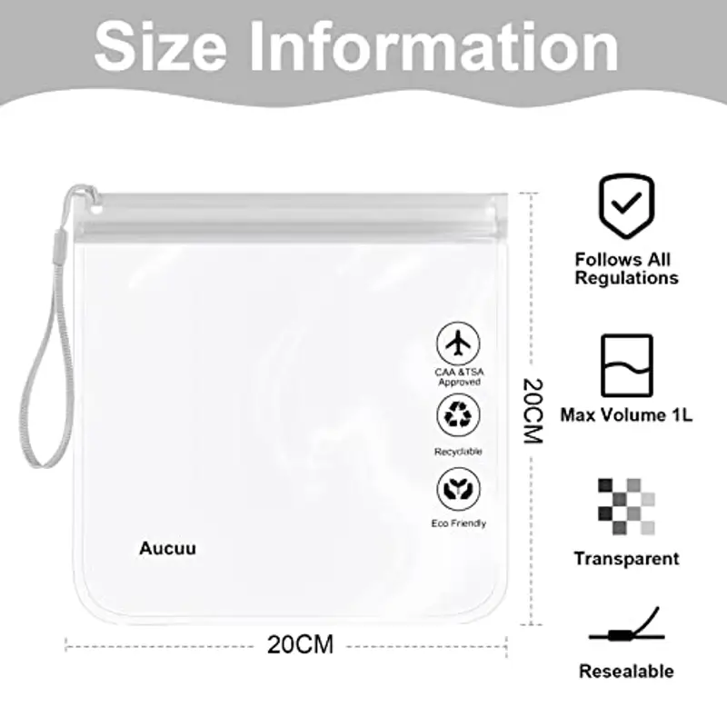 Aucuu Buste da Viaggio per Liquidi, 4 Pezzi 20 x 20cm Buste per Liquidi Aereo, Borse da Viaggio Trasparente, Aereo Bustine Trasparenti Impermeabile, Trucco Portatili per Vacanze in Viaggio miniatura 2