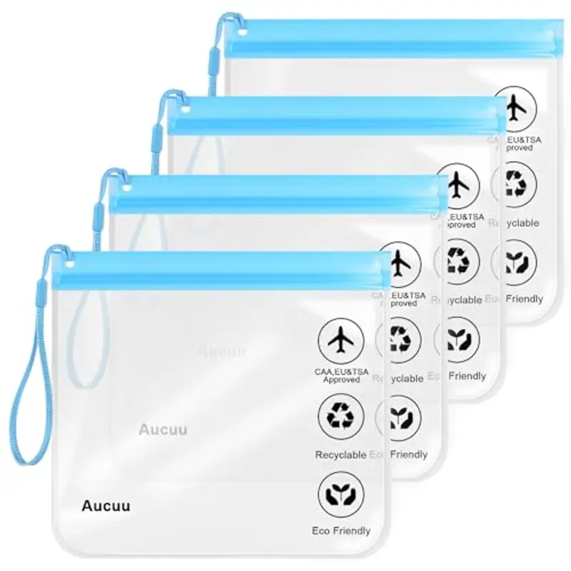 Aucuu Buste da Viaggio per Liquidi, 4 Pezzi 20 x 20cm Buste per Liquidi Aereo, Borse da Viaggio Trasparente, Aereo Bustine Trasparenti Impermeabile, Trucco Portatili per Vacanze in Viaggio